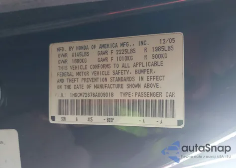 2006 Honda Accord 2.4 Ex z USA, uszkodzony, nr VIN 1HGCM72676A009018